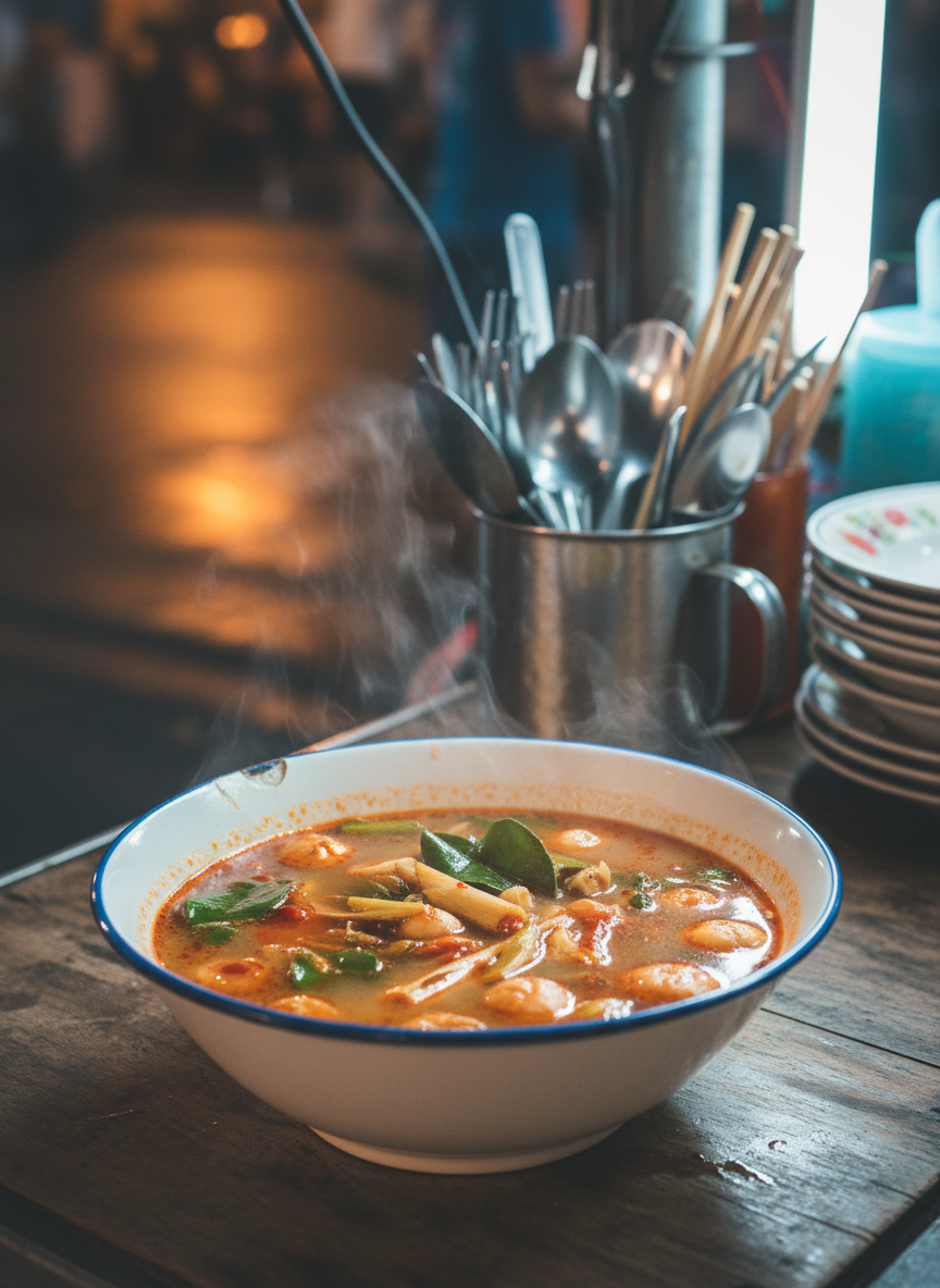 A steaming bowl of tom yum soup resting on a slightly worn wooden street stall counter, the ceramic bowl off-white with a thin blue rim and tiny chips along the edge. Inside, bright orange-red broth glistens, filled with lemongrass stalks, kaffir lime leaves, and plump mushrooms, with droplets of chili oil floating on top. Behind it, a jumble of metal utensils in a dented tin cup and stacks of mismatched plates blur into the background. Overhead fluorescent bulbs cast a cool, harsh light contrasting with a small patch of warm evening glow from the street, creating dynamic highlights and shadows. Photographic realism, shot from a slightly elevated angle with a shallow depth of field, evokes an energetic, bustling Bangkok street food atmosphere, lively yet intimate.