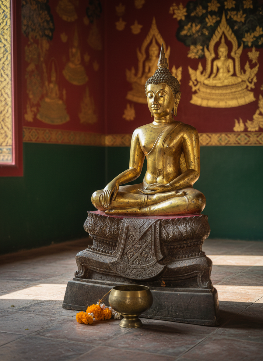 A serene golden Buddha statue seated on an intricately carved pedestal, its surface a mix of polished shine and subtle patina, framed by deep red and emerald-green temple walls adorned with delicate gold leaf patterns. A small brass offering bowl sits at the base, beside a single marigold garland resting on worn stone tiles. Soft, diffused morning light filters through an unseen temple window, grazing the statue’s contours and casting gentle, elongated shadows. The composition uses rule of thirds, with a low, slightly off-center perspective emphasizing the statue’s calm presence while keeping decorative murals softly blurred. Photographic realism with warm, rich tones creates a contemplative, peaceful mood that hints at Thailand’s spiritual culture without depicting any worshippers.