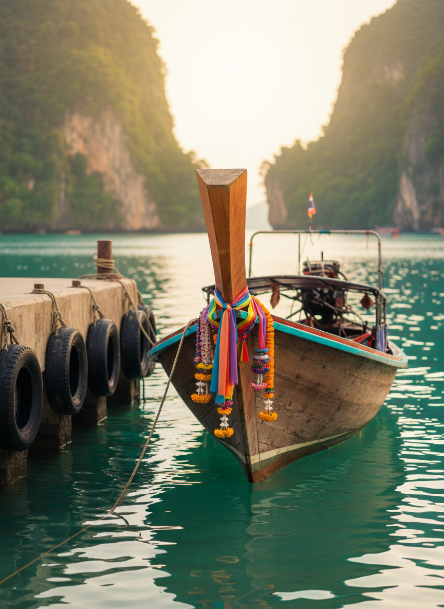 A brightly painted long-tail boat with chipped turquoise, red, and yellow planks, its wooden prow wrapped in faded fabric garlands and weathered flower offerings, gently bobbing in clear jade-green water. The boat is moored to a rough concrete pier lined with scuffed rubber tires and fraying ropes. In the distance, limestone karst cliffs rise dramatically, softened into bokeh. Warm late-afternoon sunlight creates shimmering reflections on the water and subtle highlights along the wet hull. Photographic realism with vibrant, saturated colors, shot at eye level with a shallow depth of field, captures a playful, adventurous mood that invites the viewer into a classic Thailand travel moment without showing any people.