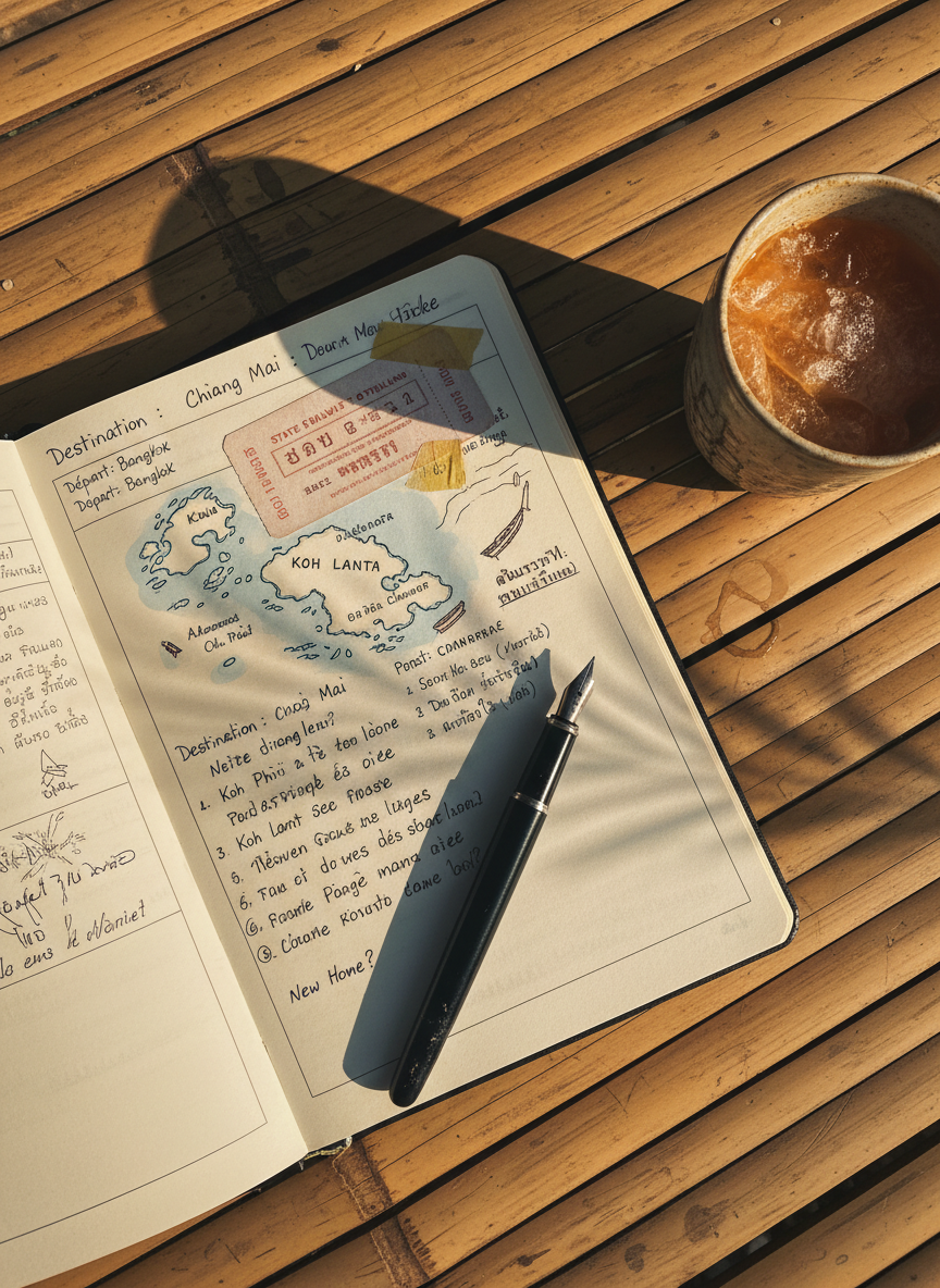 An open, well-thumbed bilingual travel notebook lying on a rustic bamboo table, its pages filled with neat handwritten notes in French and English, doodled maps of Thai islands, and taped-in faded train tickets labeled with Thai script. Beside it, a slightly scratched black fountain pen rests on a margin, and a small ceramic cup of Thai iced tea beads with condensation, leaving a faint ring on the bamboo. Late-afternoon golden light slants in from the right, casting playful shadows of nearby palm fronds across the pages. Shot from a top-down, bird’s-eye view with sharp focus throughout, the photographic realism highlights the textures of paper fibers, bamboo grain, and moisture, creating an intimate, reflective yet lighthearted mood that suggests a personal journey of relocation and discovery.